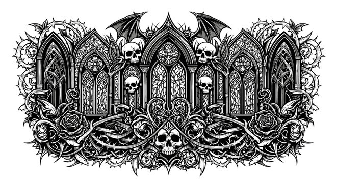 Gothic architecture illustration with skulls and floral ornaments on white background