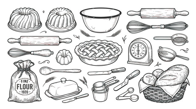 Vintage hand drawn baking tools and kitchen equipment vector set, rustic bakery sketches with bread and pastry icons, black and white culinary illustrations