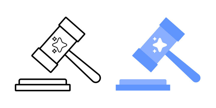 Ethics gavel icon. Legal hammer with integrated ai spark symbol. Artificial intelligence governance concept. Regulatory technology graphic. Minimal flat design element.
