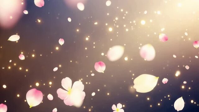 Pink cherry blossom petals falling with golden sparkles. Floral festive background for Ganesh Chaturthi celebration. Spring meditation concept and nature particle.