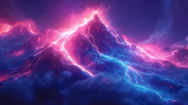 Futuristic Neon Mount Fuji with Glowing Lava and Cyberpunk Energy Landscape