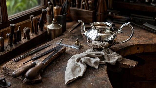 silversmith. Silversmith's wooden workbench with tools and a gleaming silver teapot in progress, soft window light. safety posters.