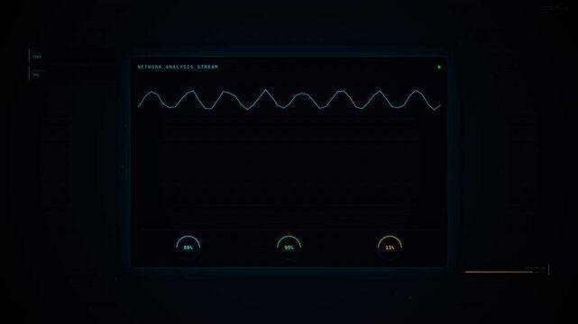 A digital device displays a graph with fluctuating wave patterns, accompanied by icons for different data metrics in a dark environment