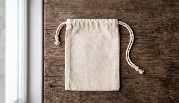 Blank natural canvas drawstring pouch mockup on a wooden table
