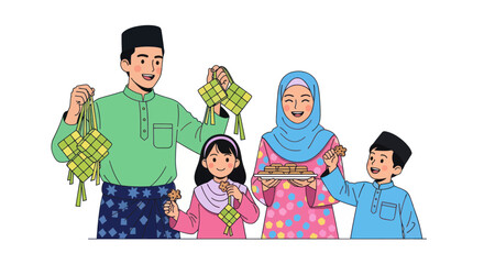 Happy Muslim Family Celebrating Eid al-Fitr with Ketupat © Hidan