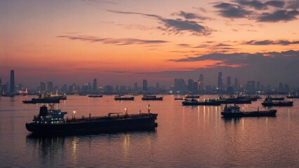 Obraz premium roadstead. Cargo ships anchored in calm roadstead at dusk, silhouetted against hazy city skyline. mobility guides, transit brochures, designed for transport & logistics marketing.
