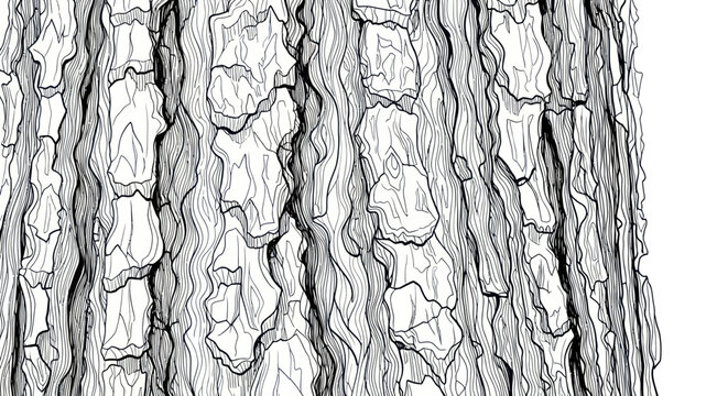 Detailed Close-up Texture of Rough Tree Bark, Black and White Line Art