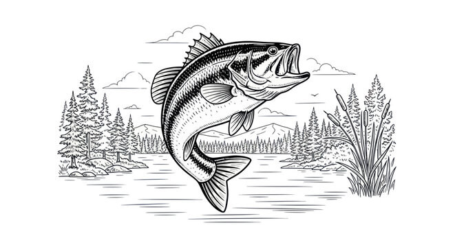 Jumping Bass Fish Illustration - Fishing, Outdoors, Nature Scene