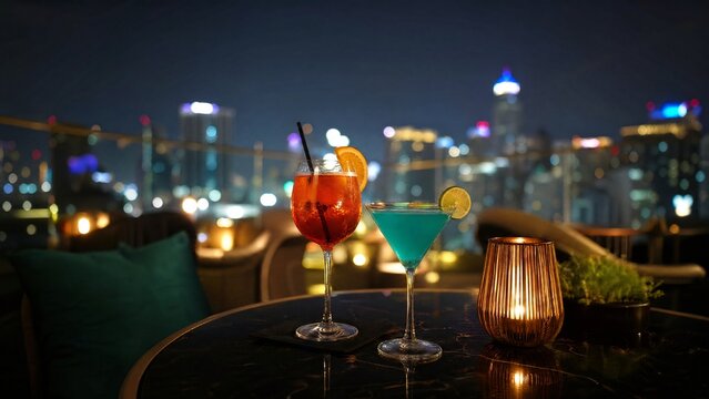 rooftop. Colorful drinks in glasses on a rooftop table at night, illuminated by city lights. bar promotions, beverage menus, designed for product packaging and bar promotions, used by clinicians.