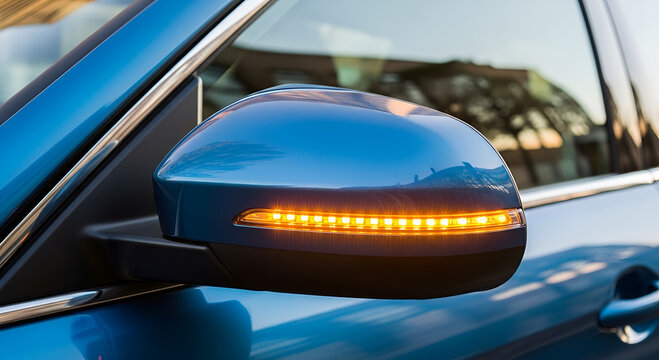 Close up of a blue modern car side mirror with blinking orange yellow LED turn signal indicator light active