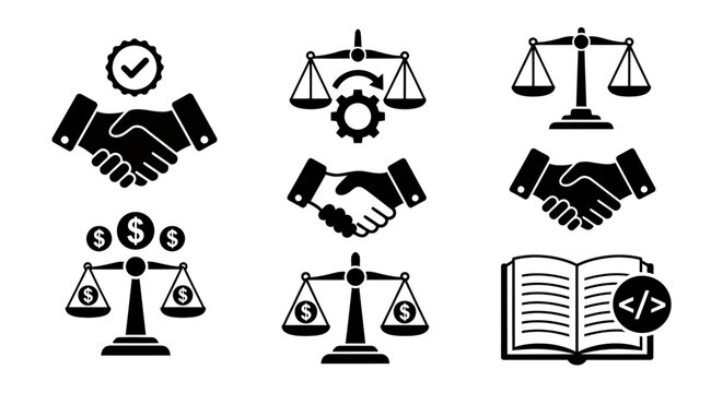 Icon Set Featuring Justice, Law, Bargaining, and Cooperation Concepts in Silhouette Style.
