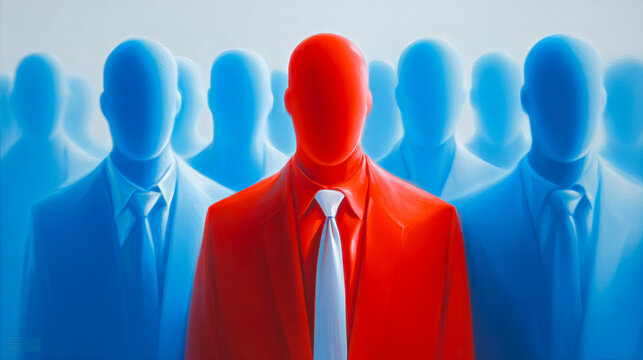 Red figure standing out among uniform blue silhouettes in business suits symbolizing leadership, individuality, and distinction in a corporate environment