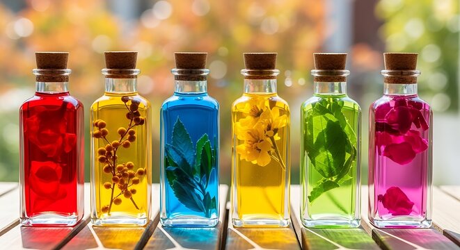 Botol kaca berisi cairan botani warna-warni dengan tanaman herbal melambangkan pengobatan alternatif dan sains alam