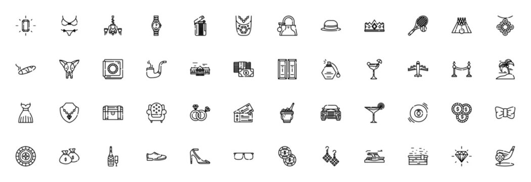 Luxury icon set. Minimal line icons pack. Featuring diamond, yacht, champagne, mansion, crown, watch, gold ingot, necklace and more. Editable vector stroke.