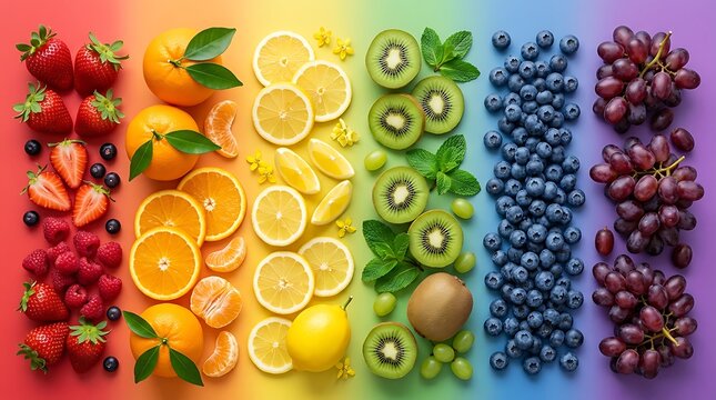 Berbagai buah segar tersusun membentuk spektrum warna pelangi melambangkan nutrisi sehat dan keseimbangan gaya hidup