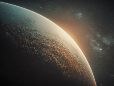 Stunning view of an alien planet's rugged terrain illuminated by a distant star with the sparkling expanse of the Milky Way galaxy in the background of outer space