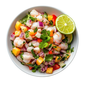 Fresh shrimp ceviche with mango, red onion, cilantro, and lime, served in a white bowl, isolated on transparent background