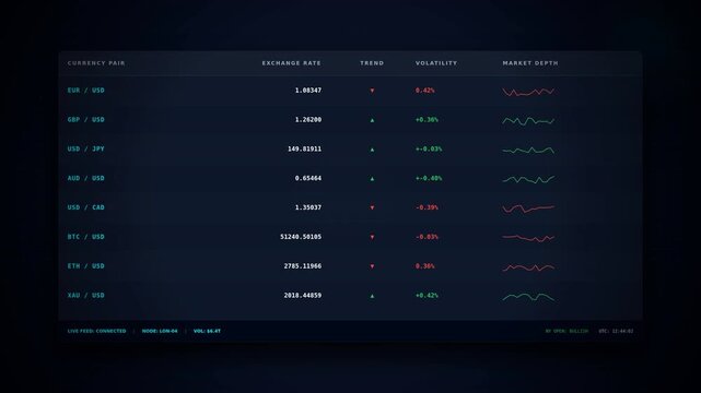 A digital interface displays financial data with blue and green text, charts, and numerical metrics on a dark background, indicating market activity