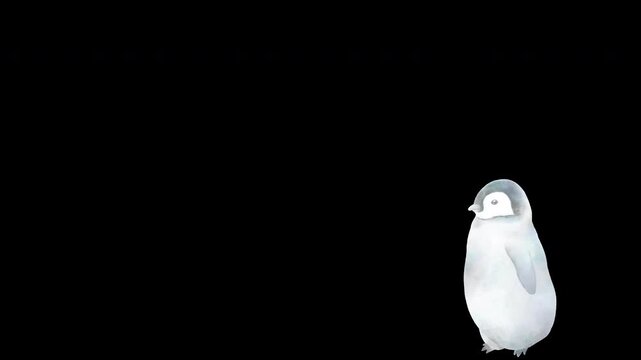 皇帝ペンギンの赤ちゃんが画面下部を通過する&alpha;付きアニメーション。愛らしい水彩タッチのビデオ。