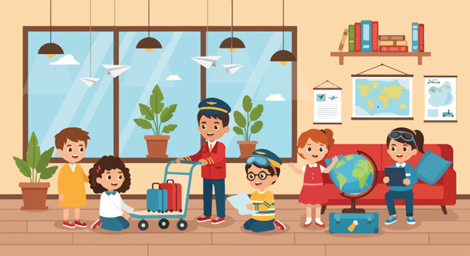 Diverse children enjoy an aviation-themed roleplay in a classroom, featuring a mini pilot, luggage cart, globe, and world map.