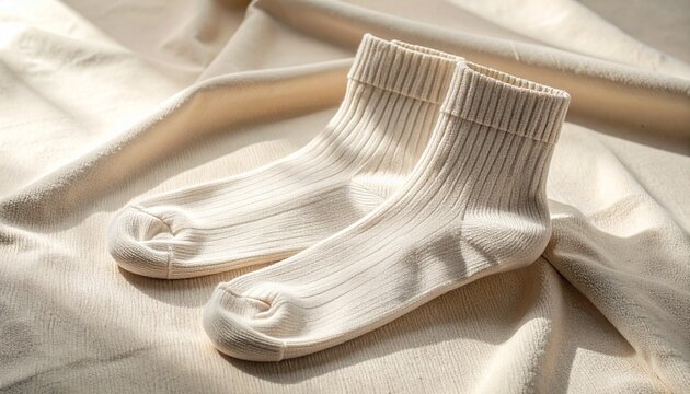 Pair of cozy cream ribbed cotton socks resting on soft draped fabric background with gentle natural lighting
