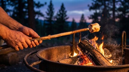 Fototapeta premium Hands close-up, warm glow of campfire flames, roasting marshmallow on wooden stick, outdoor campsite at twilight, camping lifestyle photography