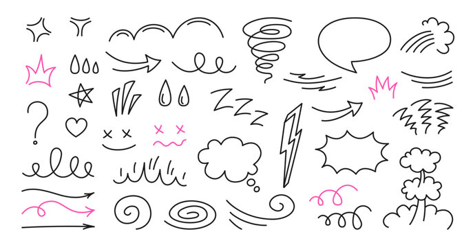 Hand drawn comic manga doodle element set. Cartoon emoji arrows, speed lines, emotions, shapes, motion anime expression marks. Sketch motion effects for comics design. Vector illustration abstract art
