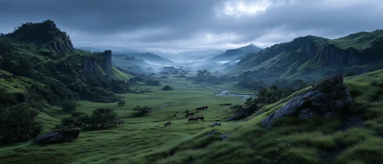 photo-realistic highland canyon covered with endless green meadows and drifting fog, wild horses running through the landscape, cinematic nature photography, ultra detailed textures. © 逵翔 張