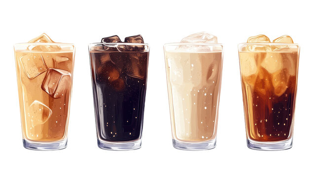 Set of four glasses with different types of iced coffee drinks isolated on transparent background