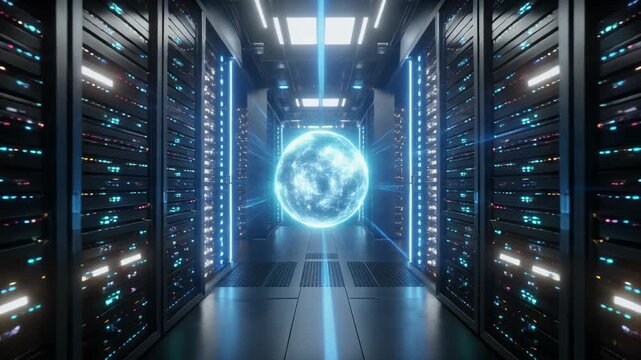 Futuristic server room with glowing blue earth.