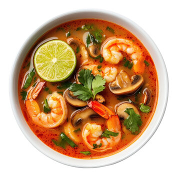 Tom yum goong soup with shrimp, mushrooms, lime and cilantro isolated on transparent background