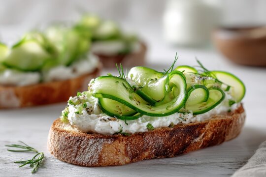 Freshly toasted rustic bread topped with creamy whipped cheese and delicately curled cucumber ribbons garnished with herbs and cracked pepper for a healthy snack