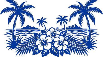 Obraz premium Tropical Island Landscape Illustration with Hibiscus Flowers and Palm Trees for Summer Vacation Travel Design and Beach Decor