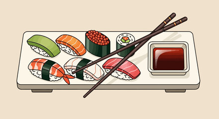 Sushi plate with chopsticks and sauce. © Awaludin
