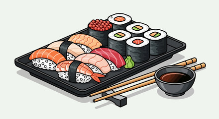 Variety of sushi on a plate. © Awaludin