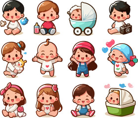 Fototapeta premium Detailed Child Care Spirit Art A Full Collection of Adorable Baby Face and Cute Smiling Characters with Funny Expressions and Adorable Heritage Simbol Logo
