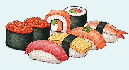 Variety of sushi and maki rolls. © Awaludin