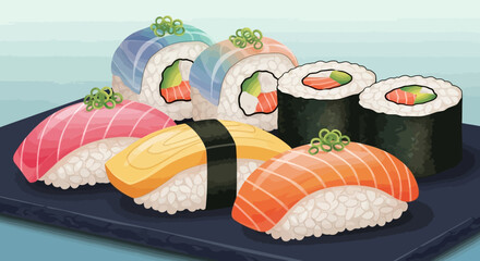 Variety of sushi on plate. © Awaludin
