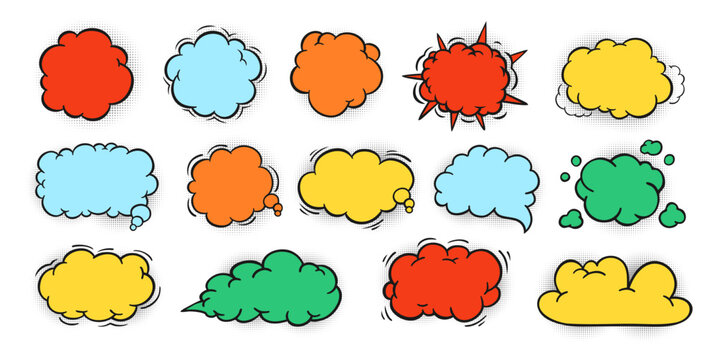 Pop art comic retro cloud of thought colorful set. Onomatopoeia speech bubble dialog clouds, thought blobs, explosion effects. Vintage 80s 90s cartoon stickers for prints. Vector communication art