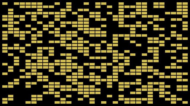 Abstract Yellow Rectangle Blocks Appearing on Black Background, Widescreen Digital Animation Loop, ideal for abstract motion graphics, playful data visualization, and creative design projects.