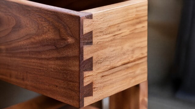 dovetail. Close-up of a handcrafted wooden dovetail joint, intricate grain patterns. safety posters, maintenance manuals, designed for precision metalworking and fabrication facilities.