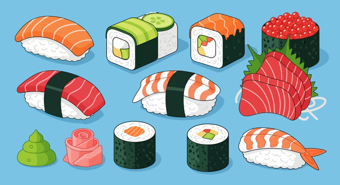 Variety of sushi and maki rolls.
