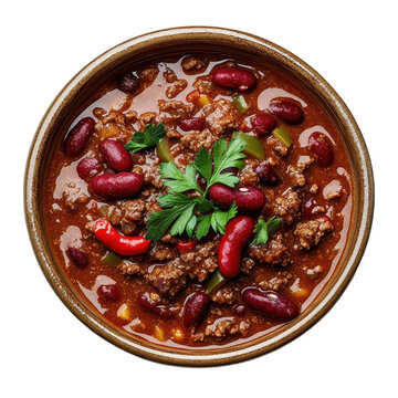 A bowl of hearty chili con carne with ground beef, kidney beans, and fresh herbs isolated on transparent background