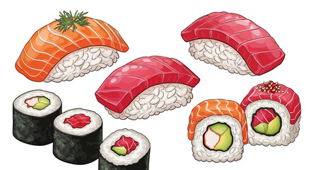 Variety of sushi and maki rolls. © Awaludin