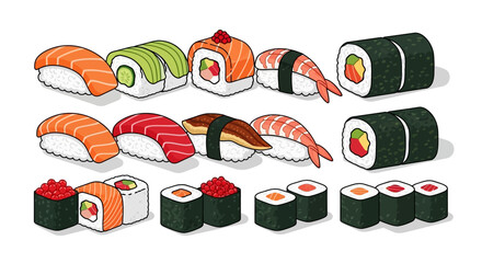 Variety of sushi rolls and pieces. © Awaludin
