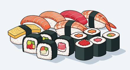 Variety of sushi rolls and pieces. © Awaludin