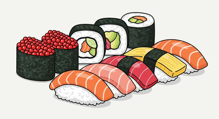 Variety of sushi and maki rolls. © Awaludin