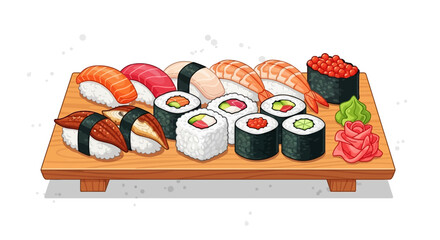 Variety of sushi on wooden plate. © Awaludin