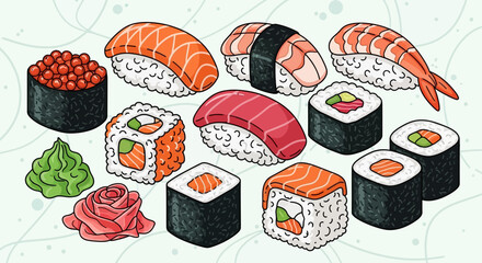 Variety of sushi rolls and pieces. © Awaludin