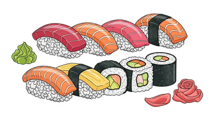 Variety of sushi rolls and sashimi. © Awaludin